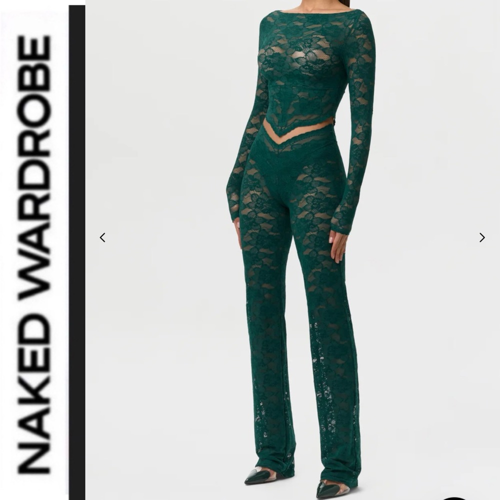 Naked Wardrobe 💚 pine green Lace V- waist stretch lace straight leg pants